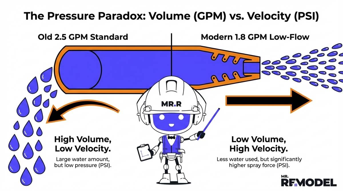 A technical infographic comparing the physics of 2.5 GPM and 1.8 GPM showerheads, illustrating how modern nozzles use air-injection and velocity to create higher spray force with 30% less water volume.